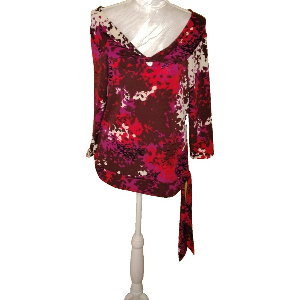 George Stretch Faux Wrap Top w tie, mock cowl neck with twist L.  Vamp Babydoll